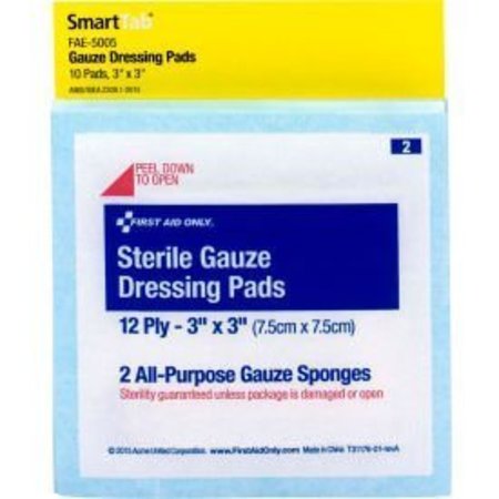 Acme United First Aid Only FAE-5005 SmartCompliance Refill Sterile Gauze Pads, 3"X3", 10/Bag FAE-5005